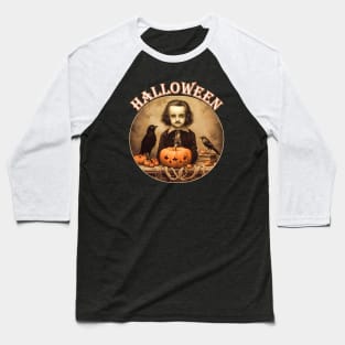 Edgar Allan Poe Child Portrait Halloween Raven Pumpkin Baseball T-Shirt